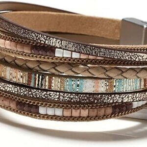 Boho Leather Wrap Bracelet Leopard Multi-Layer Crystal Beads Cuff Trendy Jewelry